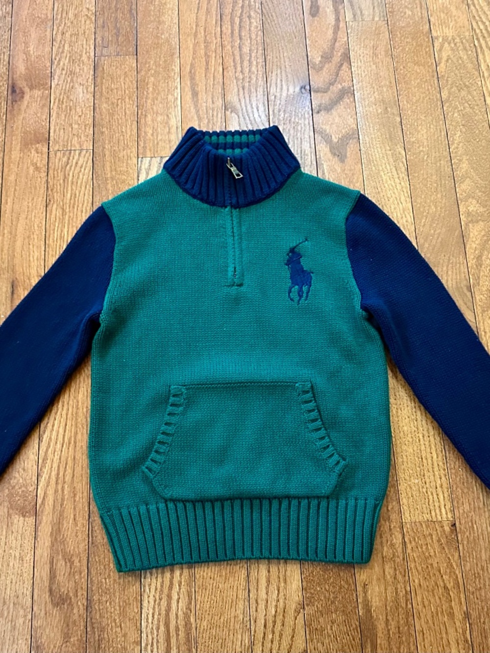 Polo Ralph Lauren Boys Green Navy Quarter Zip Sweater Big Pony Pullover Size 6